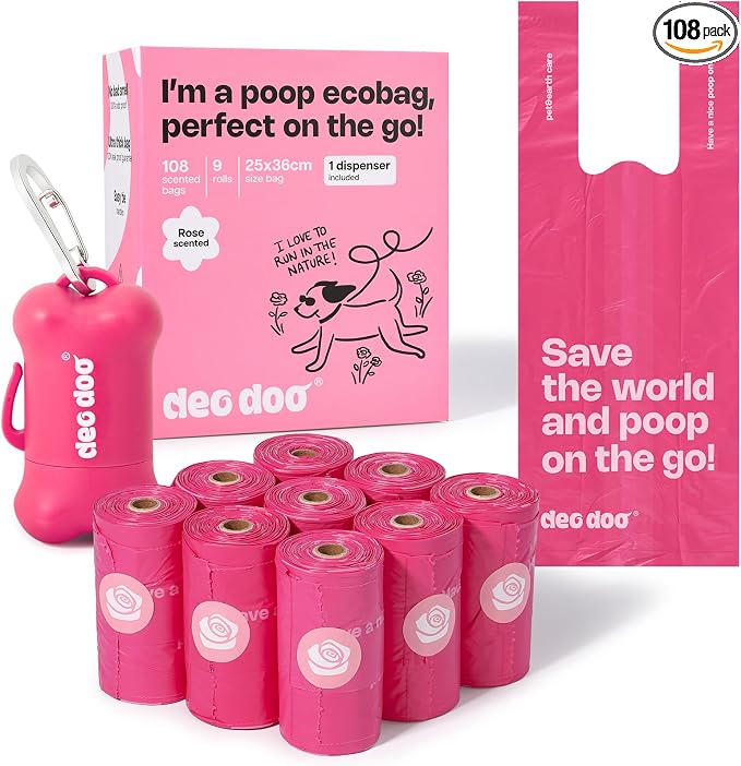 Deo Doo Dog Poop Bags with Handles & Holder, 108 Bags, Rose Scented | Extra Thick Leak Proof, Easy-Tie Design for Small and Medium Dog Walks, Pet Waste Pickup and Cat Litter Cleanup by DeoDoo
