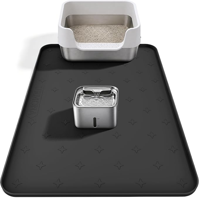 URMONA Cat Litter Mat & Dog Food Mat, 35 x 25 in Waterproof Silicone Tray | Raised Edge Tray for Pet Bowls and Litter Boxes, Helps Contain Water, Food and Litter to Protect Floors, Easy-Clean Black by URMONA