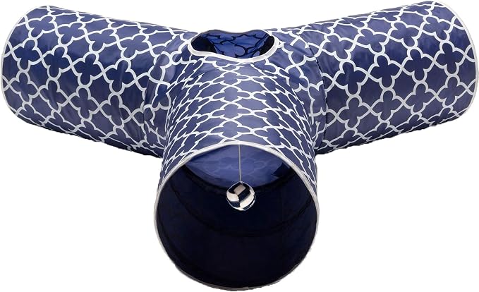Cat Tunnel - Collapsible 3 Way Quatrefoil Play Toy - Tube Fun for Rabbits, Kittens, and Dogs - Quatrefoil Navy/White - Image 2