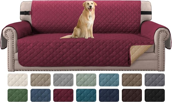 H.VERSAILTEX Sofa Slipcover for Dogs/Cats/Pets Sofa Cover Quilted Furniture Protector with Non Slip Elastic Strap Water Resistant Sofa Covers Couch Covers Seat Width to 66" (Sofa, Red/Tan) by HVERSAILTEX