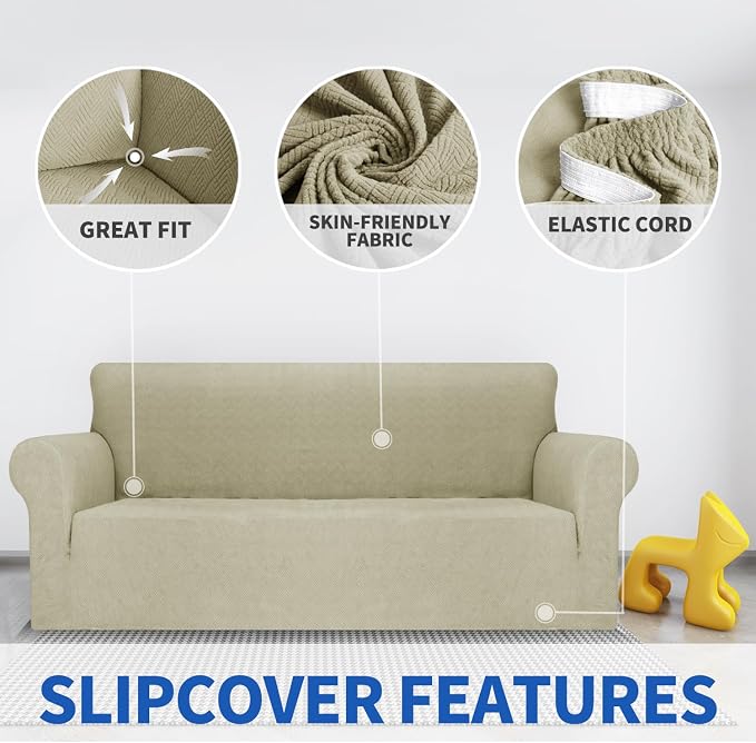 MAXIJIN Stretch Oversized Couch Covers for 3 Cushion Couch (91"-110"), 1-Piece Large Sofa Cover Slipcover Furniture Protector for Kids,Dogs (Extra Large, Diamond Pattern Khaki) - Image 3