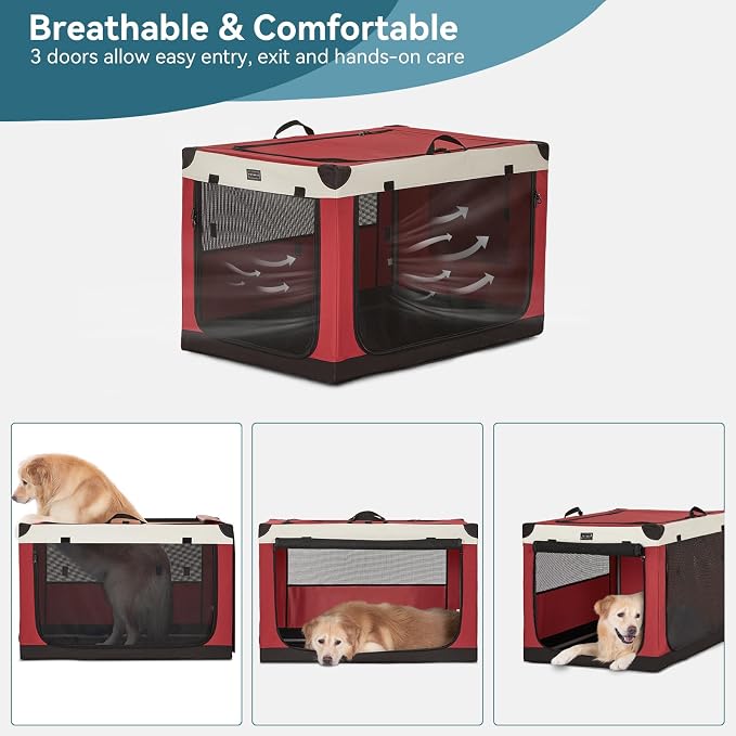 PETSFIT 36" Soft Portable Dog Crate – Patented Spiral Sturdy Frame, Collapsible Travel Kennel for Medium & Large Dogs, 3 Mesh Door, Lockable Zippers, Indoor & Car Use Red - Image 7