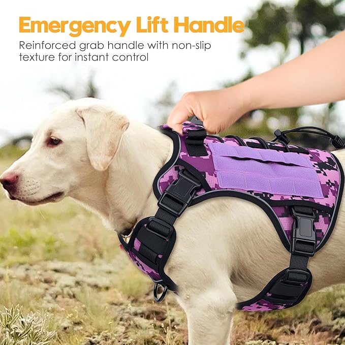 Heavy-Duty Tactical Dog Harness for Large Dogs, No Pull Adjustable Reflective Pet Vest with Molle System, K9 Military-Grade Control for Service Training, Outdoor & 10+ Breeds, Purple Camo, Large - Image 8
