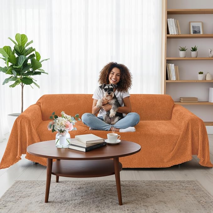 Smiry Couch Cover for Dogs, Chenille Sofa Covers for 3 Cushion Couch | Washable Soft Sofa Slipcover for Pets, Thick Sectional Furniture Protector with Tassels (Orange, 71x134 Inch) - Image 12