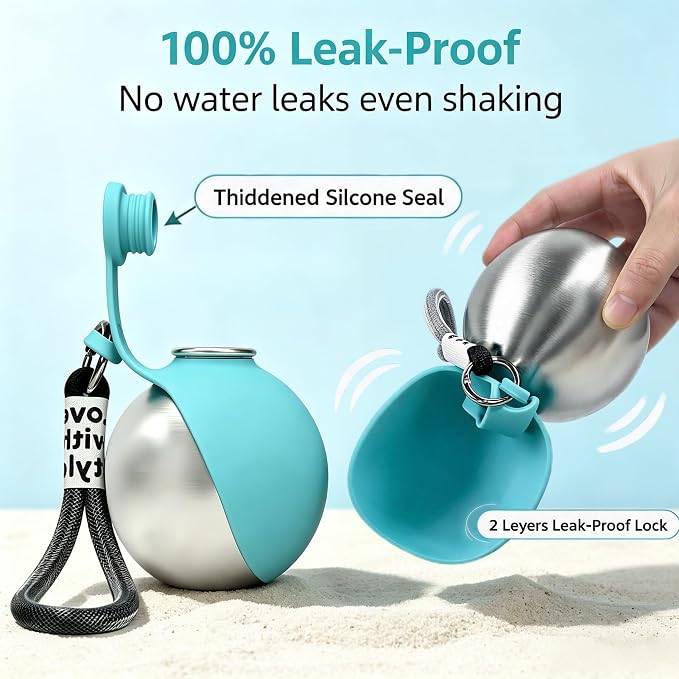 Dog Water Bottle Portable - 2 in 1 Stainless Steel Tumbler with Foldable Round Silicone Ball Bowl, 2-in-1 Leak-Proof Design for Dogs Pet Travel Walking Drinking（Blue） - Image 3
