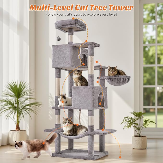 DUMOS Large 66 Inch Cat Tree Tower with Scratching Posts, Indoor Use | Tall Multi Level Cat Climbing Tower with Hammock, Pet Condo for Cats and Kittens Play, Light Gray - Image 5
