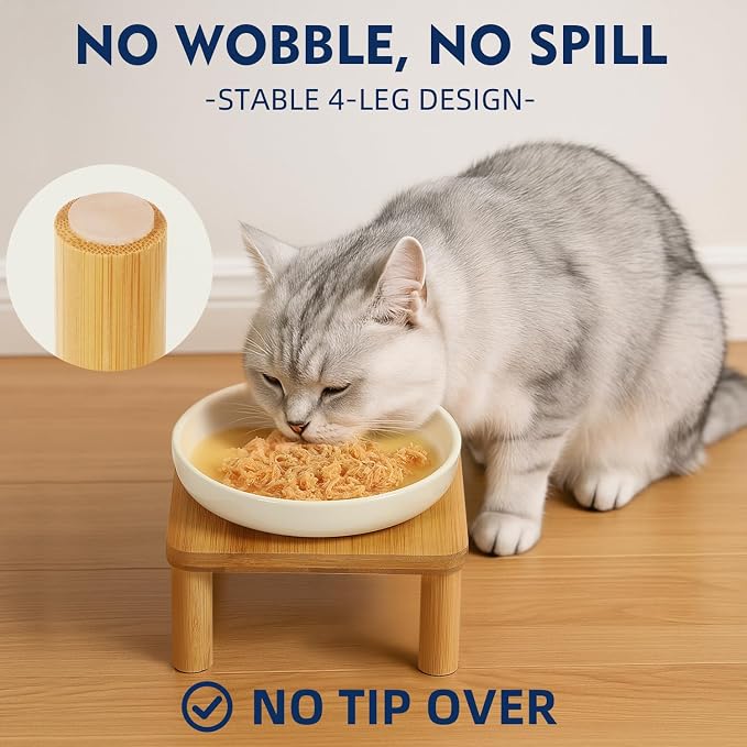 DoogCat Raised Cat Bowl, Elevated Cat Bowls with Bamboo Stand, Set of 2 | Premium Ceramic Bowls, Adjustable Height, Whisker-Friendly Design, Elevated Feeding, Easy to Clean - Image 2