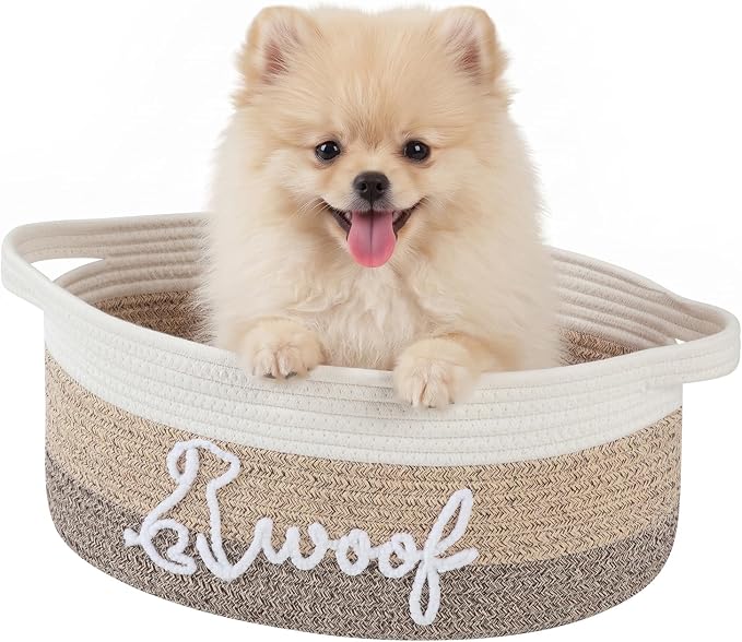 OIAHOMY 14L Large Dog Toy Basket, 16.1"x9.5"x7" Cotton Rope Basket with Cute Woof Embroidery, Soft Woven Pet Toy Box with Handles for Blankets, Leashes & Puppy Accessories, Decorative Organizer Brown by MasterofSpaceOptimization