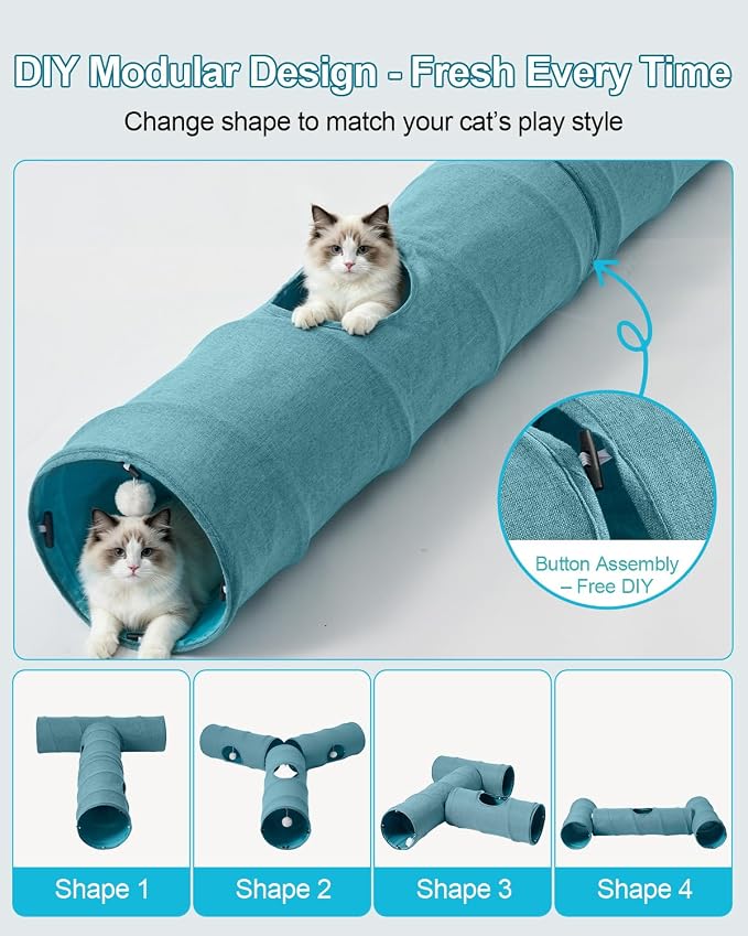 Cat Tunnel, 3 Straight Shaped Tunnels 6 DIY Shapes with Wand Toys, No Noise Scratch Resistant Cool Linen Fabric, Interactive Pet Tunnel Tube for Indoor Cats, Puppy and Rabbits - Image 2