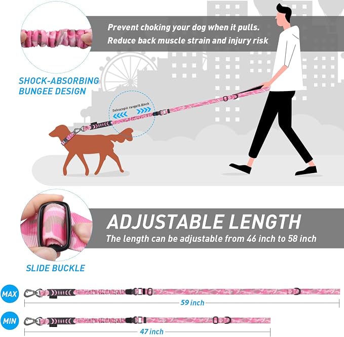 Hotsky Tactical Bungee Shock Absorbing No Pull Dog Leash,Pink Camo,4-6FT | Heavy Duty for Medium Large Dogs That Pull up to 660 lb,with Padded Double Handle ＆ Car Seatbelt,360°Rotating Locking Clasp - Image 6