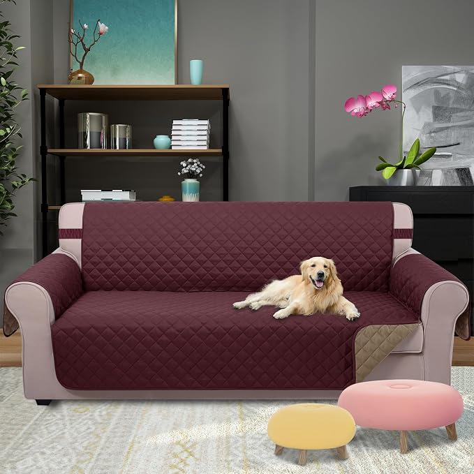 U-NICE HOME Reversible Sofa Cover Couch Cover for Dogs, Burgundy/Tan | 68''Sofa Mat Washable, Pet Friendly, Elastic Straps, Water Repellent, Furniture Protector for 3 Cushion Couch - Image 2