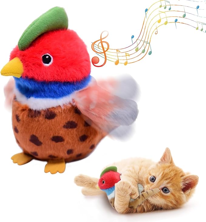 Cat Toys, Flapping Wings Pheasant, No Flying, Chirping Bird Interactive Catnip Toy for Kitten or Small Dogs, Touch Activated, Rechargeable, 3 Modes by KreizyGo
