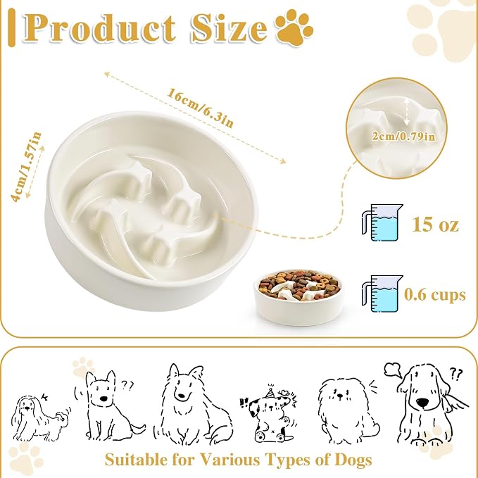 Ceramic Slow Feeder Dog Bowls, 0.6 Cups Dog Food Dish for Small Breed | Puzzle Dog Food Bowl for Fast Eater, 15OZ, 6.3 inch (Beige) - Image 2
