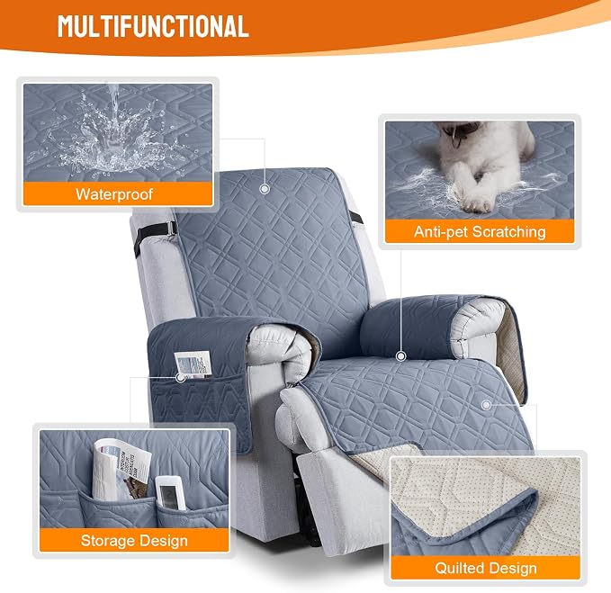VANSOFY 100% Waterproof Recliner Chair Covers Washable, Slate Gray, 28" | Non-Slip, Slipcover with Pocket, Furniture Protector, Elastic Straps, Chair Cover for Pets, Dogs - Image 7
