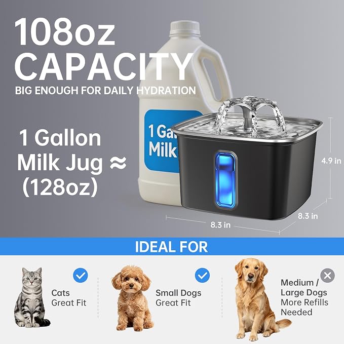 Veken Innovation Award Winner Stainless Steel Cat Water Fountain, 108oz | Automatic Pet Fountain Dog Water Dispenser with Replacement Filters & Silicone Mat for Cats, Dogs (Space Black) - Image 4