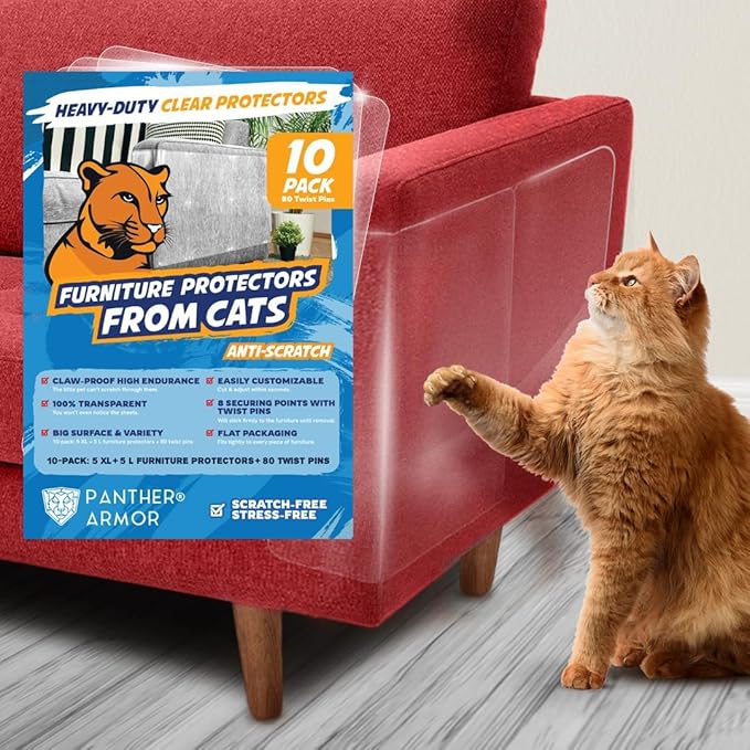 Panther Armor Cat Furniture Protector, 10 Clear Sheets with Twist Pins | Solid barrier shield, not a sticky deterrent. Couch protector from cat claws. 5 XL plus 5 large sheets, removable by PantherArmor