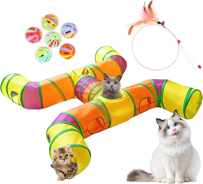 4-Way Large Cat Tunnel, H Shape Cat Tube Toy with Interactive Playing Balls, Peek Hole for Indoor Cats, Kitten, Kitty, Puppy, Rabbit (Multicolor) by JoneRise