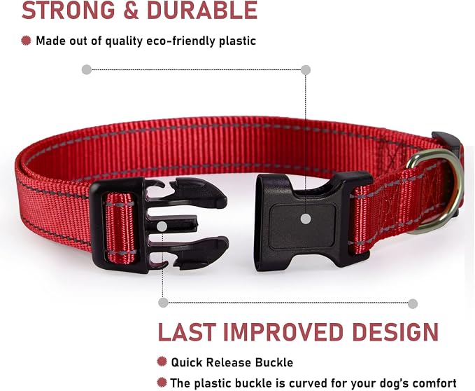 Reflective Dog Collar, Puppy Collar with Buckle Adjustable, Red XS | Breathable Nylon Collars for Small Medium Large Dogs, No Chafing on Walks and Outdoor Hikes, Metal D-Ring, Night Safety - Image 2