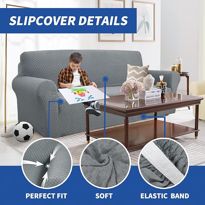YEMYHOM Couch Cover Latest Jacquard Design High Stretch Sofa Covers for 2 Cushion Couch, Pet Dog Cat Proof Loveseat Slipcover Non Slip Magic Elastic Furniture Protector (Loveseat, Light Gray) - Image 4