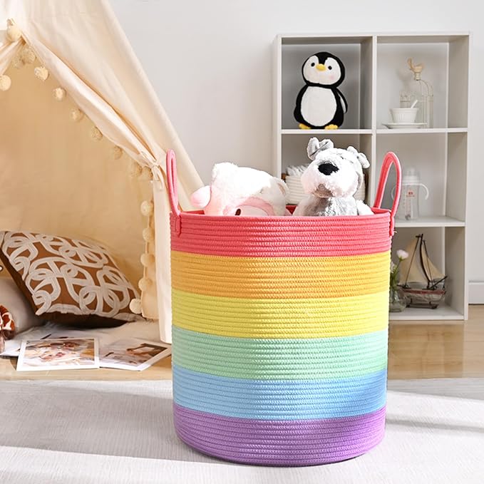 Laundry Hamper for Organizing, 52L Large Laundry Baskets, Cotton Rope Woven Blanket Basket, Collapsible Laundry Hamper for Living Room, Nursery, 15"×18", Rainbow - Image 4