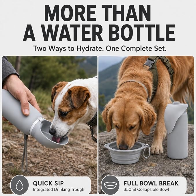 Dog Water Bottle and Collapsible Bowl Set, 18.6 oz/550ml Leakproof Silicone Portable Pet Travel Water Bottle for Walking, Hiking and Camping, Light Grey - Image 2