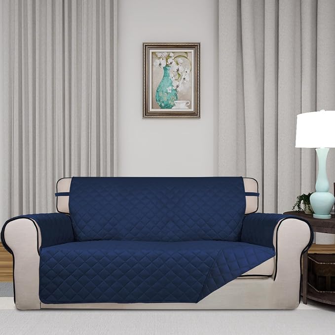 PureFit Reversible Quilted Couch Covers for Dogs Loveseat Sofa Cover 54" | Navy/Navy, Water Resistant Couch Protector, Washable Pet Couch Cover with Non Slip and Elastic Straps For Kids - Image 2