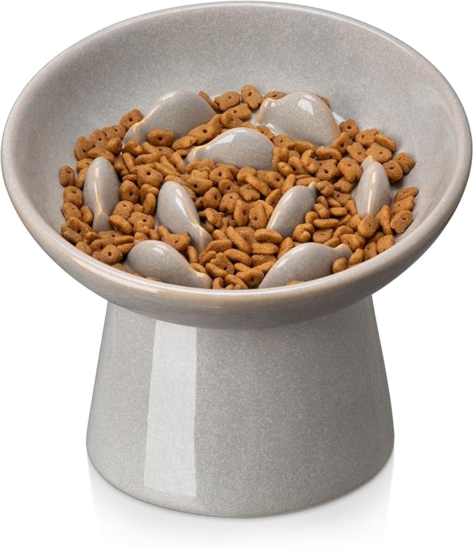 vancasso Ceramic Slow Feeder Cat Bowl, 6.25 Inch Elevated Cat Slow Feeder Bowl, Anti Vomiting for Dry and Wet Food, Grey by vancasso
