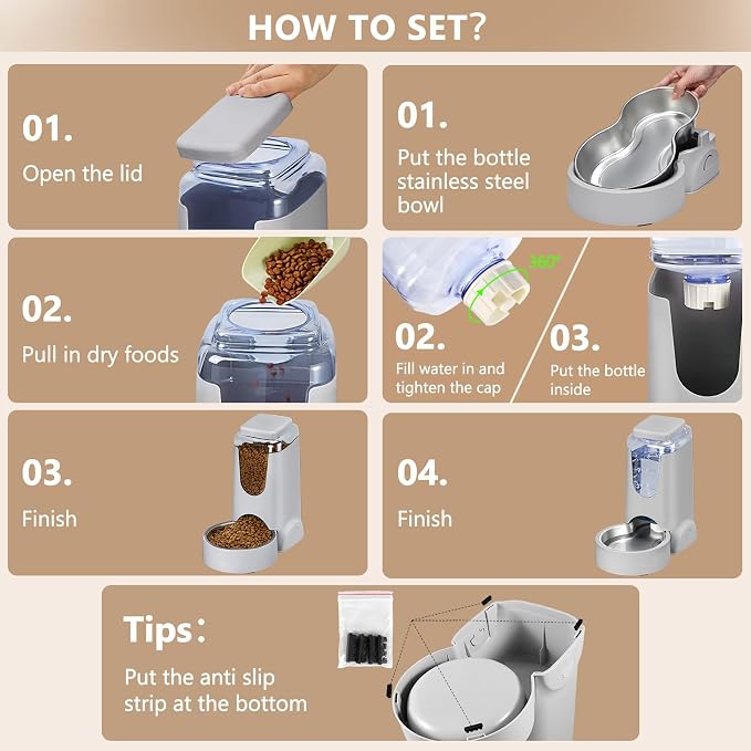 Automatic Cat Feeder and Water Dispenser with Stainless Steel Bowl Dog Gravity Food Feeder and Waterer for Small Medium Pets Puppy Kitten 1 Gallon x 2 - Image 6