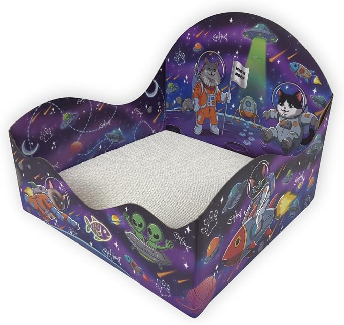 Themed Cardboard Cat House & Scratcher | Space Theme | Enclosed Privacy Bed and Premium Corrugated Scratch Pad for Small, Medium & Large Indoor Cats, 13.5 inches (Meow Moon) by Unknown