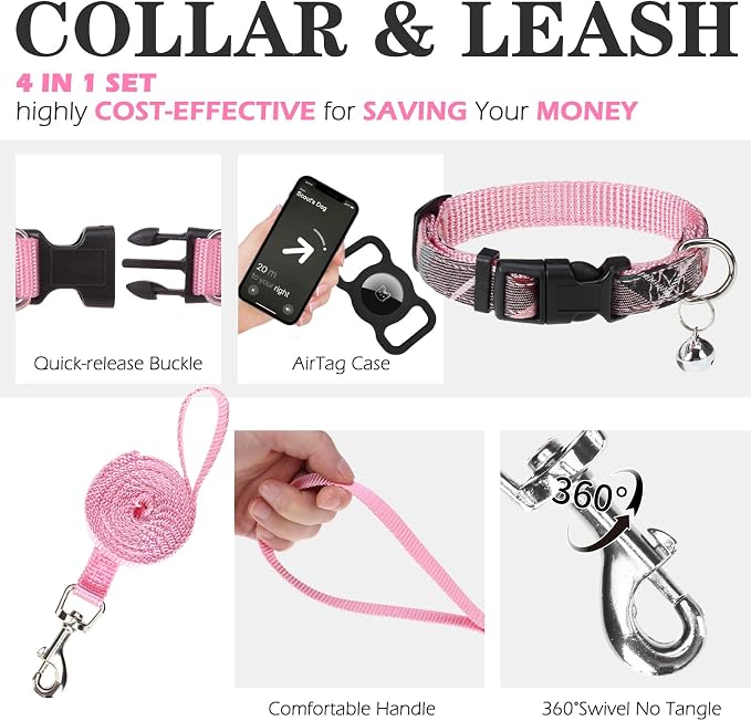 Classic Plaid Puppy Harness - Small Dog Harness and Leash Set - Dog Collar and Leash Set with AirTag Holder, Soft Padded Step in Dog Vest Harness No Pull Reflective for Outdoor, Pink XXS - Image 2