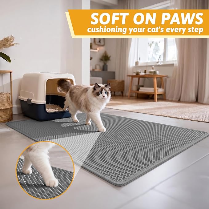 Pieviev Cat Litter Box Mat, Double-Layer Urineproof Design, 47" x 36" Gray | Honeycomb Litter Trapping Mat Captures Scattered Particles to Stop Tracking, Waterproof Base Protects Floors, Easy to Clean - Image 4