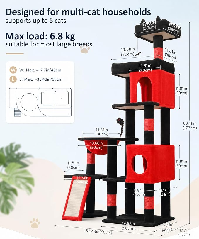 Gothic Cat Tree, 68 Inches Heavy Duty Cat Tower for Indoor Cat | Cat Tower with 2 Condos, Sisal Scratching Posts, Plush Platform & Hammock, Extra Stable Big Cat Furniture, Black Red - Image 5