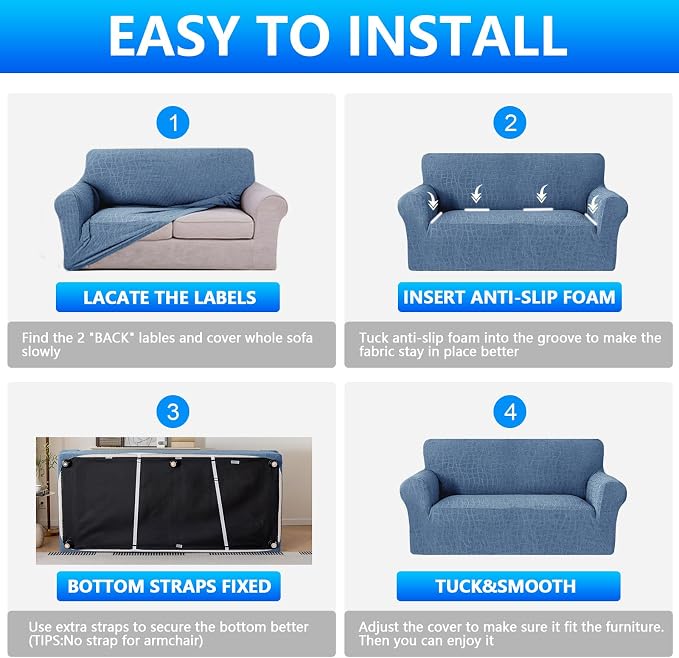 MAXIJIN Waterproof Couch Cover for 3 Cushion Couch, 1 Piece Stretch Sofa Covers Slipcovers with Non-Slip Elastic Bottom, Washable Furniture Protector for Dogs Pets (Large, Dusty Blue) - Image 7