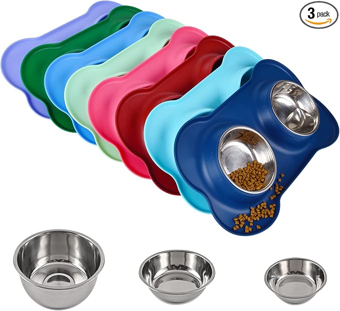 Dog Bowls 2 Stainless Steel Bowl for Pet Water and Food Feeder with Non Spill Skid Resistant Silicone Mat for Pets Puppy Small Medium Cats Dogs by Juqiboom