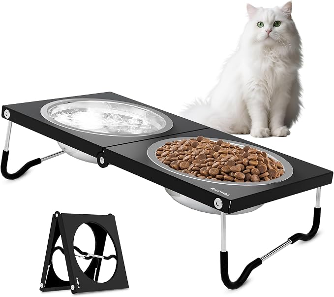 Upgraded Raised Cat Bowls,Elevated Bowls for Indoor Cats with Height Stand,Non-Slip Stainless Steel Cats Bowl,10° Tilted Cat Food Bowls (Black Collapse, 1Pack) by Tolopu