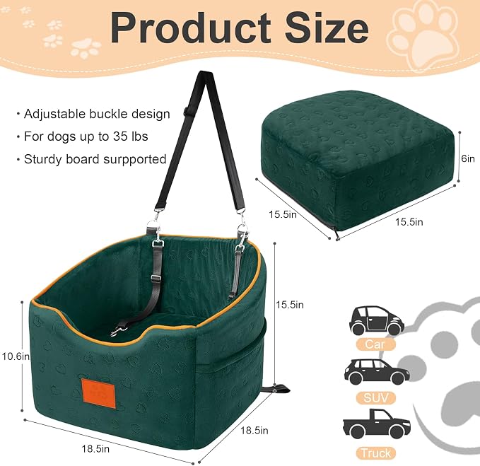 XIEEAOZEE Dog Car Seat for Small Dogs, Memory Foam Booster Dog Seat for Dogs up to 35 lbs, Elevated Pet Car Seat, Travel Safety Pet Seat with Washable Removable Cover, Storage Pockets (Green) - Image 2