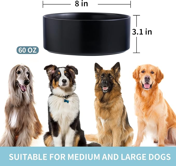 Black Raised/Elevated Ceramic Dog Bowl for Medium Large Sized Breeds,Large Dog Food Water Bowl with Stand,8 in Non Slip Heavy Weighted 1800ml/ 7.6 Cups/60 OZ - Image 2