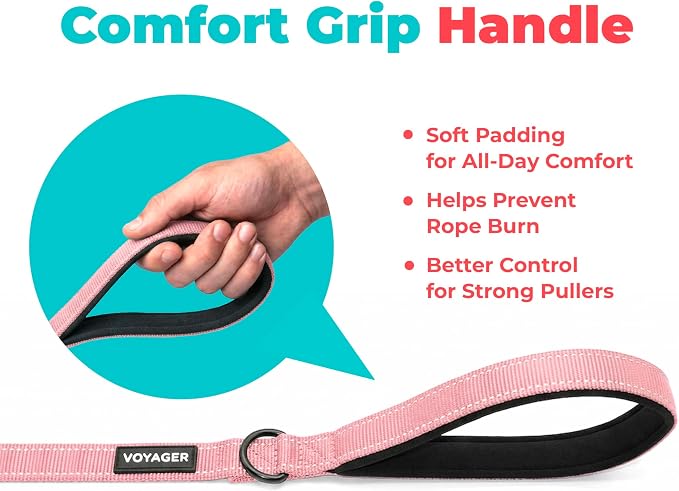 Best Pet Supplies Voyager Nylon Dog Leash - Pink, Small | 5ft in Length, 5/8" in Width, Reflective, Soft Neoprene Handle, Heavy Duty Metal Clips for Running, Walking & Training - Image 5