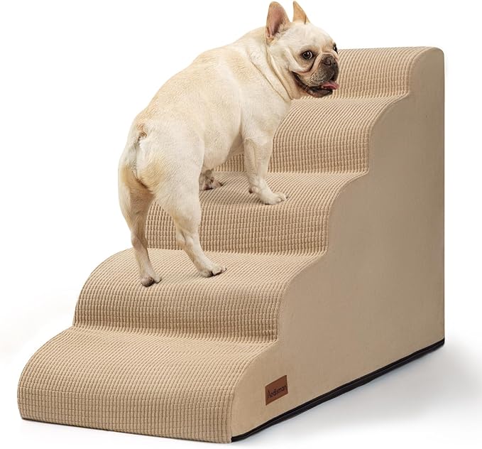Aodisman Dog Stairs for High Bed,5-Step Pet Ramp for Small Dogs and Cats | 22.2" H Dog Steps for Bed with High-Density Foam, Help Olders,Short-Legged Dogs,Puppy and Cats Get on Beds Easily,Grey,Khaki by AODISMAN