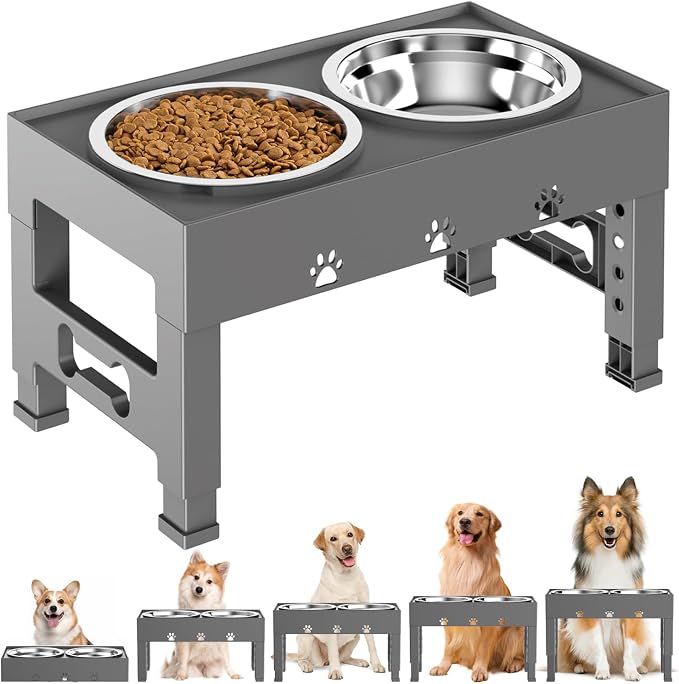 Elevated Dog Bowls with 2 Stainless Steel Bowls, 5-Height Adjustable Stand (3.1", 9" to 12"), for Improved Digestion & Neck Support, Easy Clean, Non-Slip Base Raised Feeder for Medium Large Dogs by LAKIPETNPetSupplies