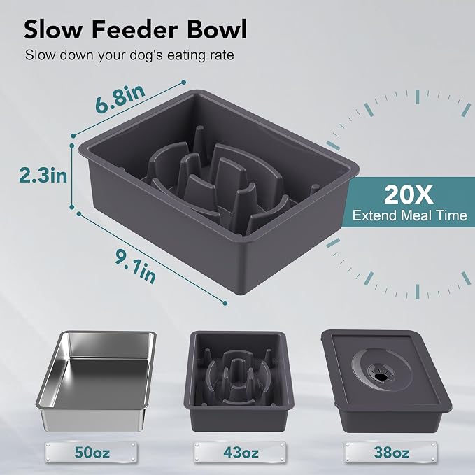 UPSKY 3-in-1 Elevated Dog Bowls Set with 4 Height Adjustable Stand, Gray | 304 Stainless Steel Bowl, No Spill Water Bowl, Slow Food Bowl, Anti-Slip, Dishwasher Safe, Suitable for Small Medium Dogs - Image 4