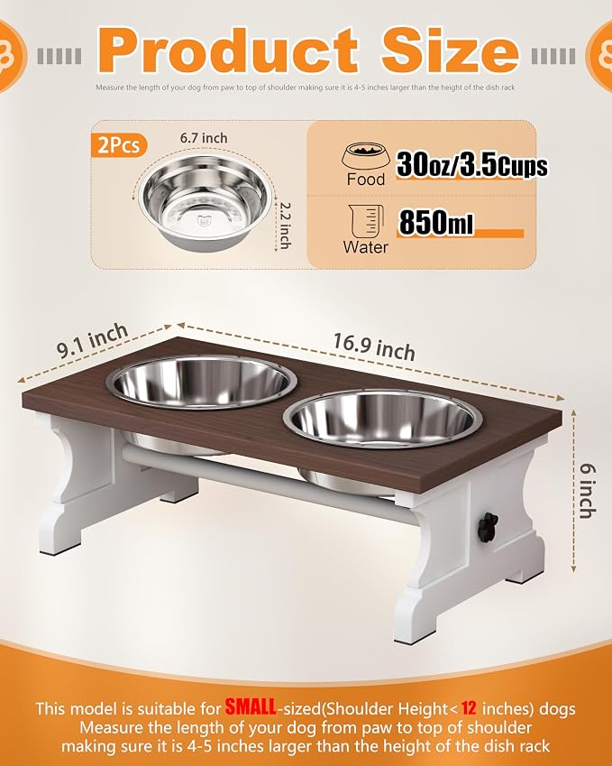 Piskyet Elevated Dog Bowls,Dog Bowl Stand, 3.5Cups6''H_30 oz Bowl-Farmhouse | Farmhouse Dog Bowls Stand, Raised Dog Bowl with 2 Stainless Steel Wooden Dogs Bowls for Small Size Dogs - Image 2