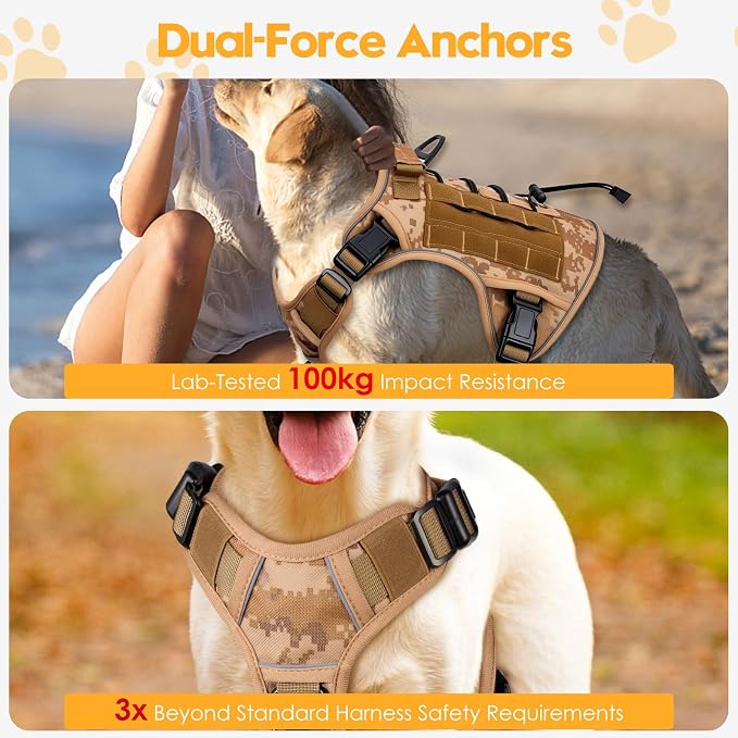 Heavy-Duty Tactical Dog Harness for Large Dogs, No Pull Adjustable Reflective Pet Vest with Molle System, K9 Military-Grade Control for Service Training, Outdoor & 10+ Breeds, Khaki Camo, Small - Image 4