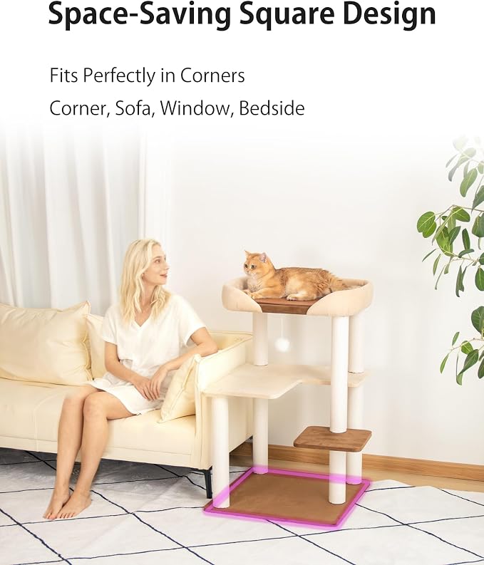 Cat Tree for Large Cats Modern Senior Friendly Wide Shelves 37.4'' | Wide shelves, cotton scratching posts, super sturdy base, cozy perch, interactive toys, luxury fabric - Image 8