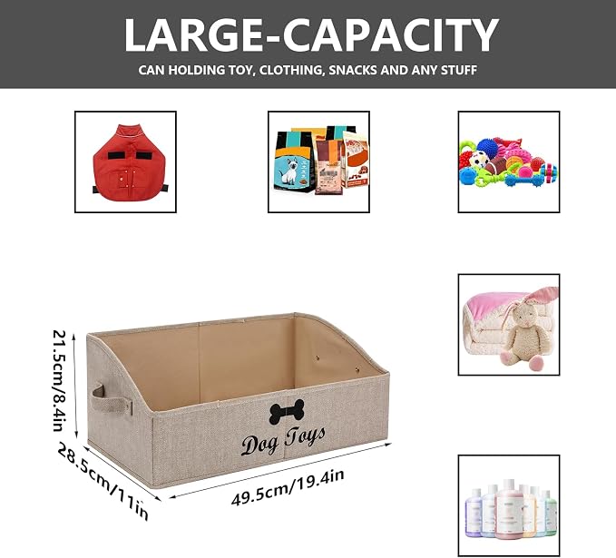 Morezi Linen-cotton blend dog toy basket and dog toy box, dog toy basket storage - Perfect for organizing pet toys, blankets, leashes, chew toys - Khaki Stripe - Dog - Image 3