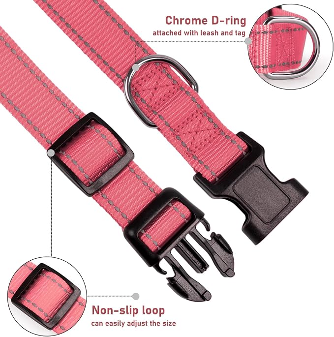 Reflective Dog Collar, Puppy Collar with Buckle Adjustable, Light Pink XL | Breathable Nylon Collars for Small Medium Large Dogs, No Chafing on Walks and Outdoor Hikes, Metal D-Ring, Night Safety - Image 3