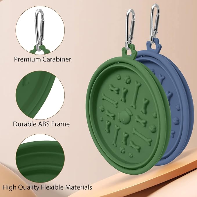 2-Pack Collapsible Dog Bowls with Suction Cups & Scraper - 16oz Travel Pet Bowls for Food/Water, Non-Slip Feeding Dish for Dogs, Includes Carabiner Clip Grey&Olive Green - Image 3