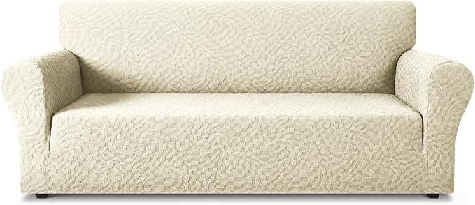 ZNSAYOTX 1 Piece Stretch Sofa Covers for 3 Cushion Couch (72"-90"), New Plaid Couch Cover with Non-Slip Buckle for Dog Pets, Ultimate Soft Cozy Washable Sofa Slipcover Form Fit Protector, Beige by ZNSAYOTX