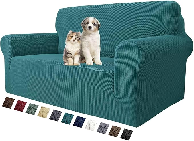 MAXIJIN Stretch Loveseat Sofa Slipcovers 1 Piece Love Seat Couch Covers for 2 Cushion Couch Non Slip Sofa Cover Washable Dog Cat Proof Furniture Protector Pet Friendly (Loveseat, Peacock Teal) by MAXIJIN