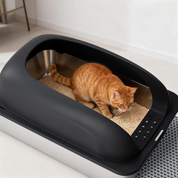 OLIXIS Stainless Steel Large Cat Litter Box with Lid, High Wall Sides | Large Cat Litter Box for Big Cats, Anti-Urine Leakage, Easy Cleaning, Scoop and Mat Included, Black - Image 2